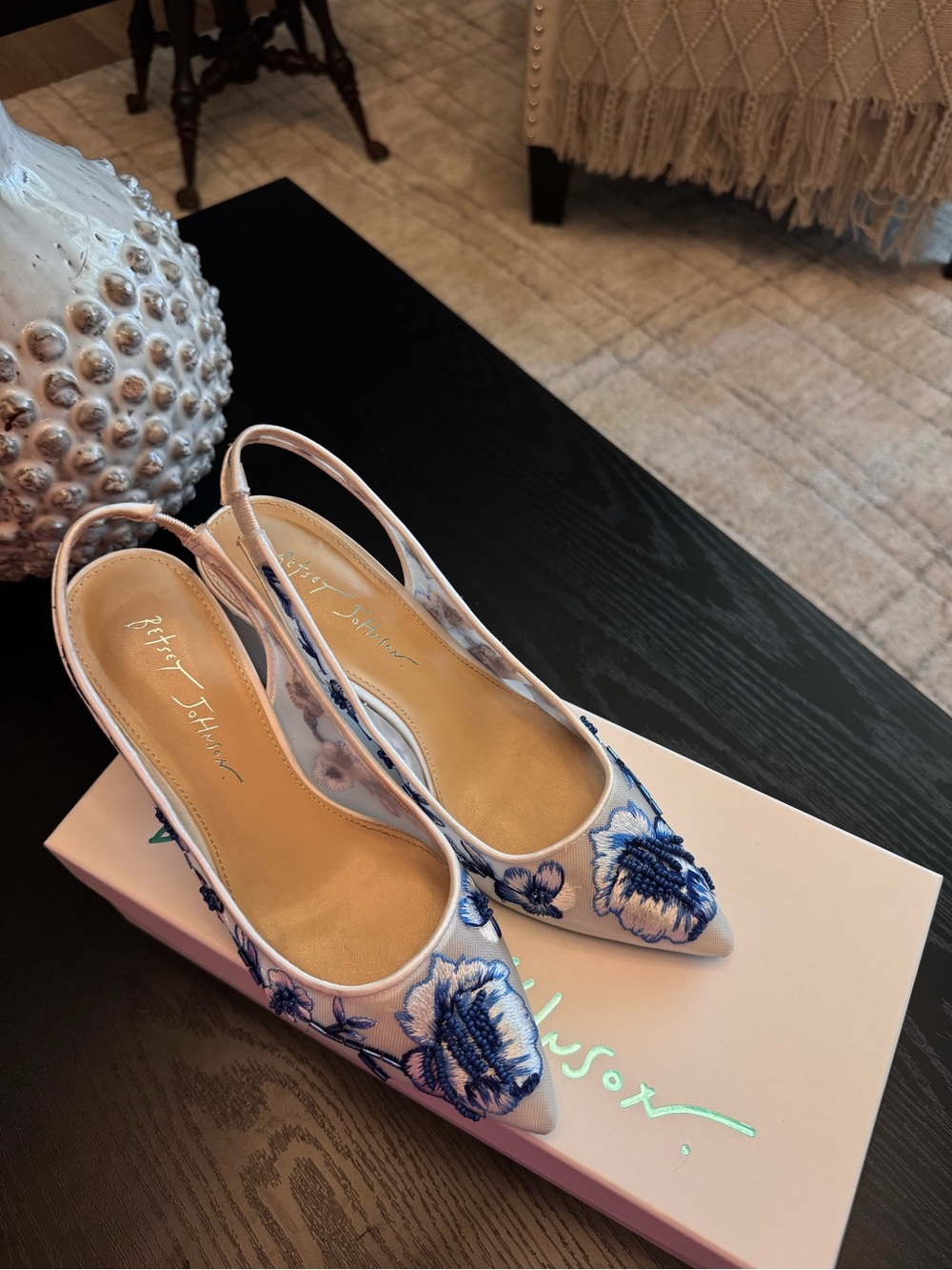Betsey Johnson White Slingback Pumps with Blue Floral Embroidery - Picture 8 of 10